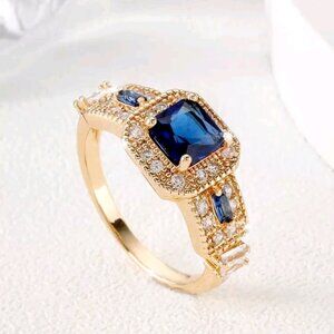 Platinum Plated Copper Ring Blue Sapphire CZ Elegant Vintage Halo Ring